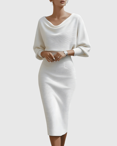 Ismeria | Vestido Midi Blanco Drapeado de Manga Murciélago