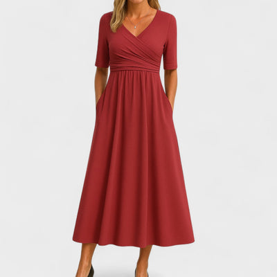 Vestido Largo Lilian con Escote en V y Manga Corta