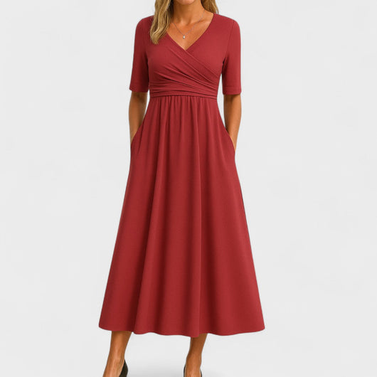 Vestido Largo Lilian con Escote en V y Manga Corta