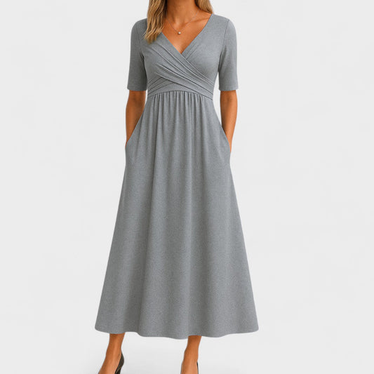 Vestido Largo Lilian con Escote en V y Manga Corta