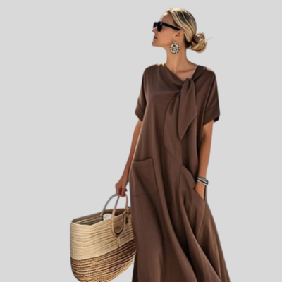 Vestido Midi Elisa de Cuello Anudado con Bolsillos