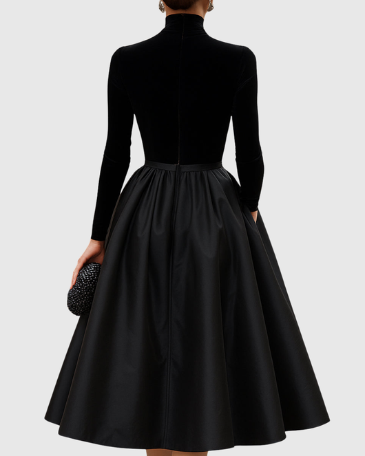 Aradia | Vestido Midi Elegante de Terciopelo Negro y Satén