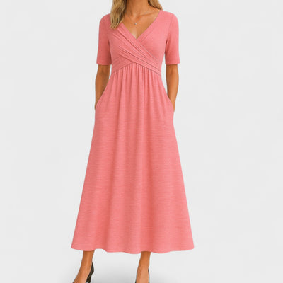 Vestido Largo Lilian con Escote en V y Manga Corta