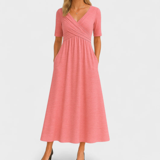 Vestido Largo Lilian con Escote en V y Manga Corta