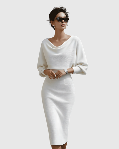 Ismeria | Vestido Midi Blanco Drapeado de Manga Murciélago