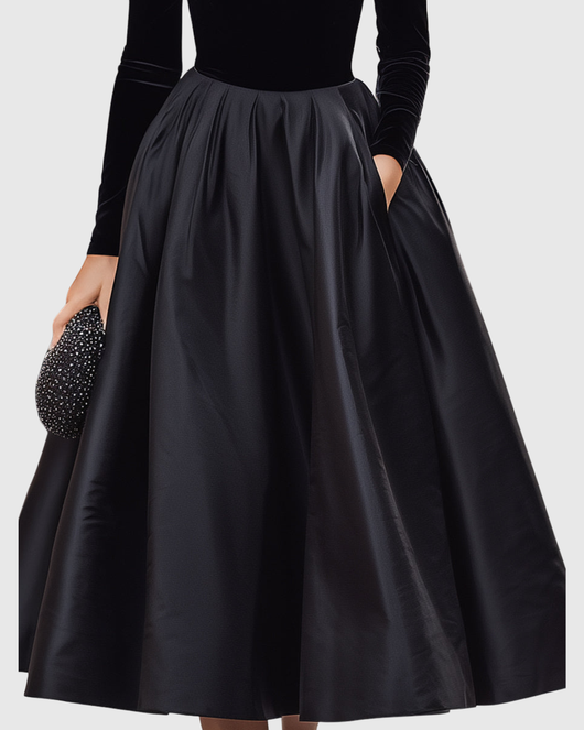 Aradia | Vestido Midi Elegante de Terciopelo Negro y Satén