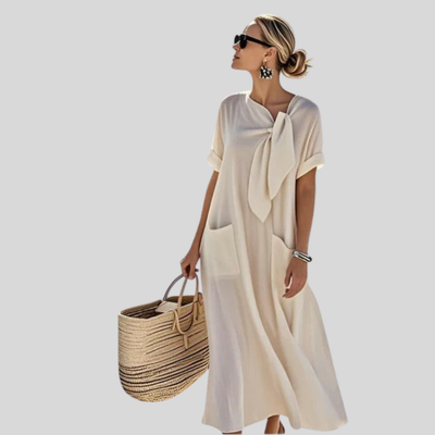 Vestido Midi Elisa de Cuello Anudado con Bolsillos