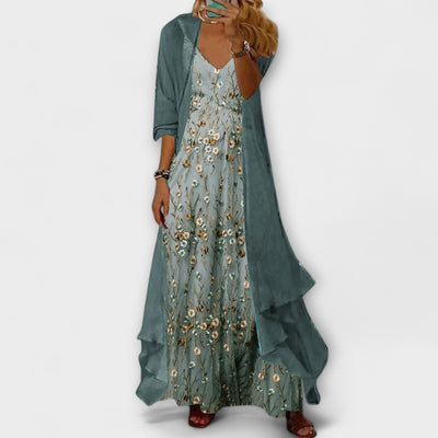 Vestido Largo Eva Floral de Escote en V y Volantes