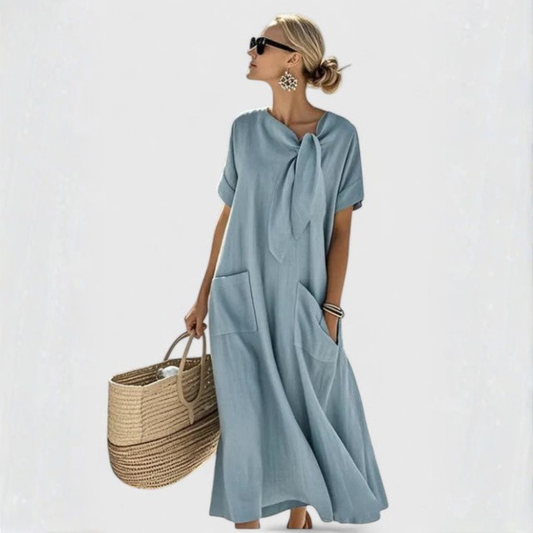 Vestido Midi Elisa de Cuello Anudado con Bolsillos
