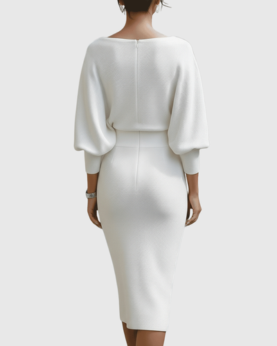 Ismeria | Vestido Midi Blanco Drapeado de Manga Murciélago