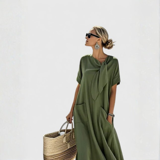 Vestido Midi Elisa de Cuello Anudado con Bolsillos