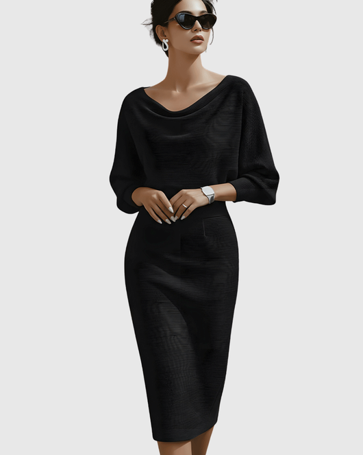 Ismeria | Vestido Midi Blanco Drapeado de Manga Murciélago