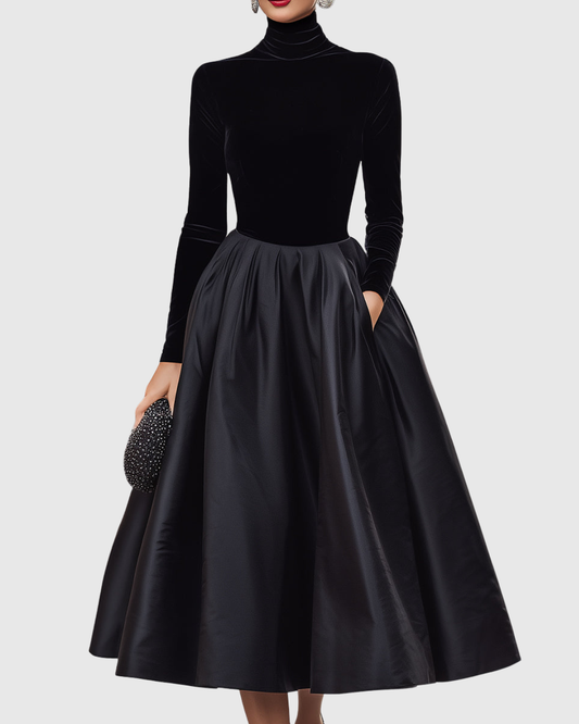 Aradia | Vestido Midi Elegante de Terciopelo Negro y Satén