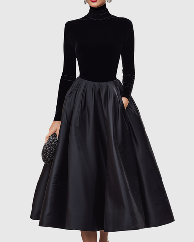Aradia | Vestido Midi Elegante de Terciopelo Negro y Satén
