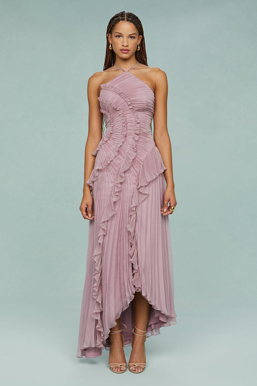 Vestido Midi Elfriede Halter Plisado con Volantes