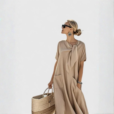 Vestido Midi Elisa de Cuello Anudado con Bolsillos