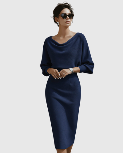 Ismeria | Vestido Midi Blanco Drapeado de Manga Murciélago
