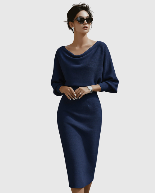 Ismeria | Vestido Midi Blanco Drapeado de Manga Murciélago