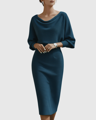 Ismeria | Vestido Midi Blanco Drapeado de Manga Murciélago