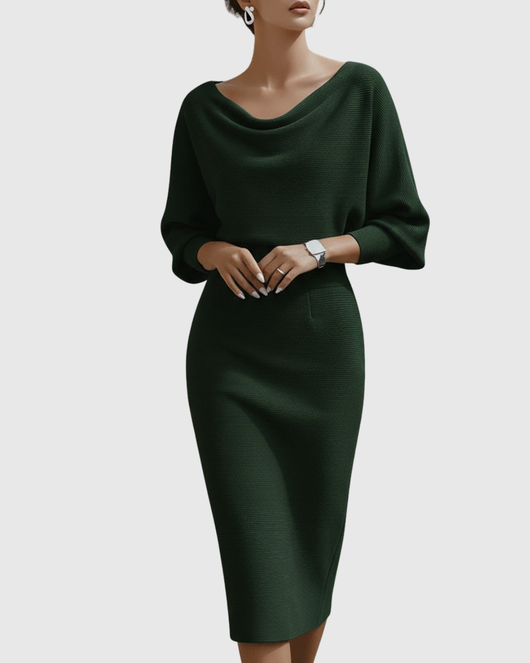 Ismeria | Vestido Midi Blanco Drapeado de Manga Murciélago