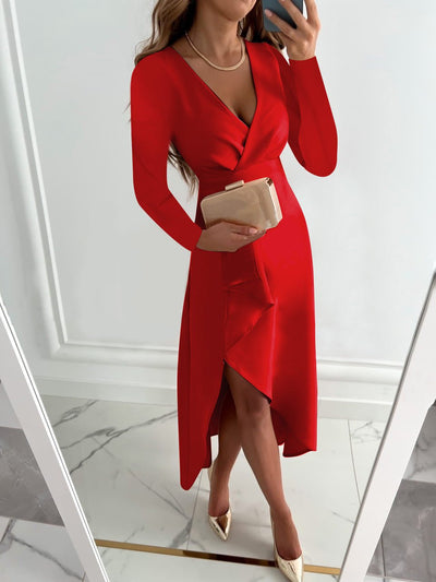 Vestido Midi Renate Entallado con Cuello en V y Abertura