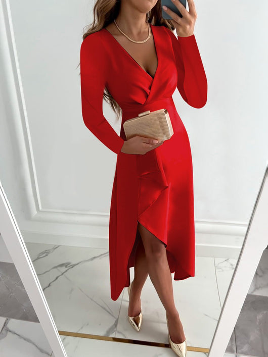 Vestido Midi Renate Entallado con Cuello en V y Abertura