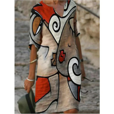 Vestido Recto Anja de Manga Larga con Estampado Abstracto