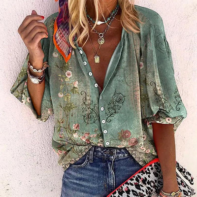Isla | Blusa Boho Estampada de Cuello en V y Mangas Acampanadas