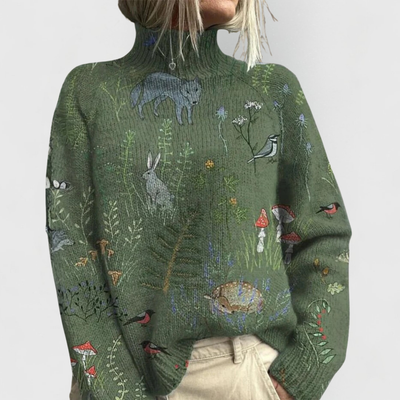Jersey Barbara de Punto Acogedor con Estampado de Naturaleza