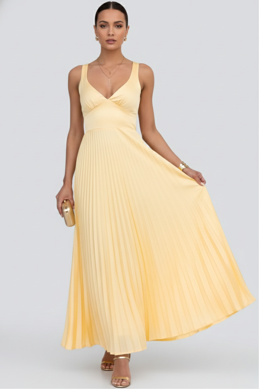 Vestido Largo Kerstin de Cuello en V con Falda Plisada