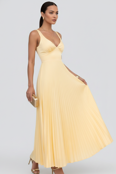 Vestido Largo Kerstin de Cuello en V con Falda Plisada