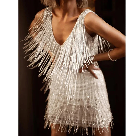 Vestido Corto Alina de Fiesta con Brillos y Flecos