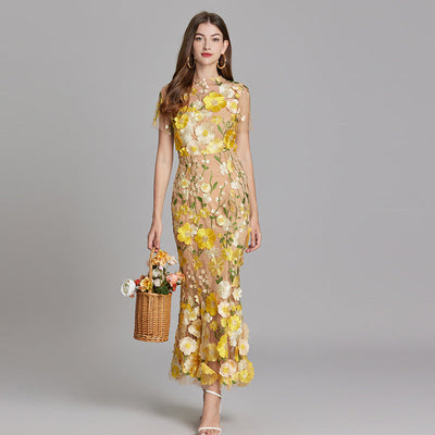 Vestido Largo Verena de Gasa con Bordado Floral