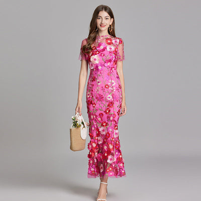 Vestido Largo Verena de Gasa con Bordado Floral