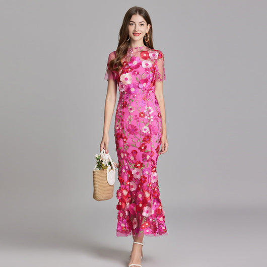 Vestido Largo Verena de Gasa con Bordado Floral