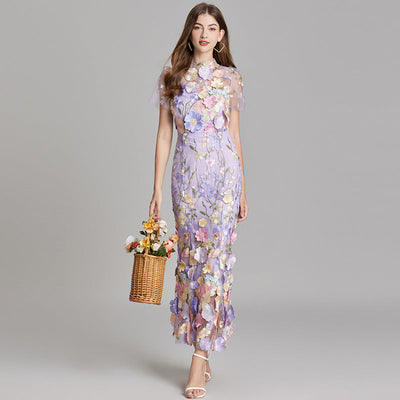 Vestido Largo Verena de Gasa con Bordado Floral