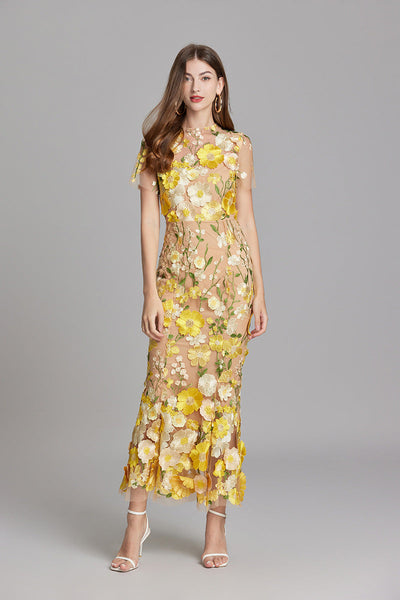 Vestido Largo Verena de Gasa con Bordado Floral