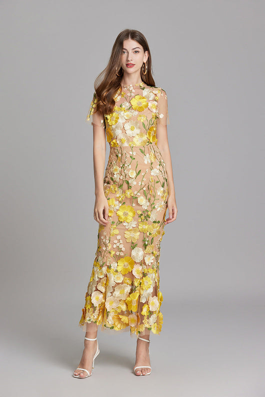 Vestido Largo Verena de Gasa con Bordado Floral