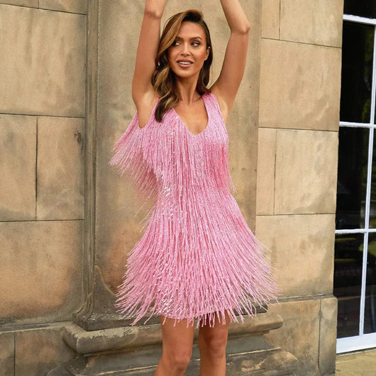 Vestido Corto Alina de Fiesta con Brillos y Flecos