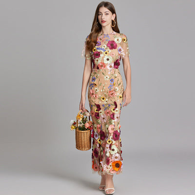 Vestido Largo Verena de Gasa con Bordado Floral