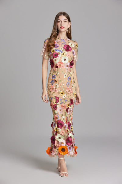Vestido Largo Verena de Gasa con Bordado Floral