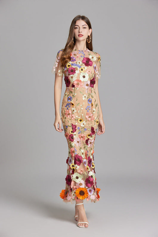 Vestido Largo Verena de Gasa con Bordado Floral