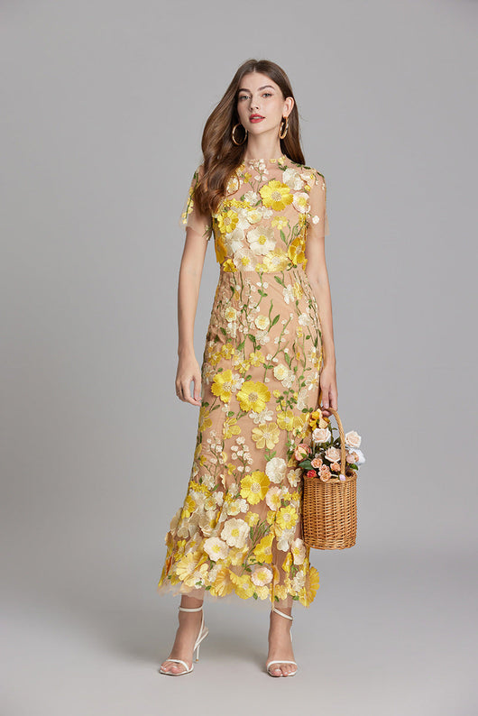 Vestido Largo Verena de Gasa con Bordado Floral