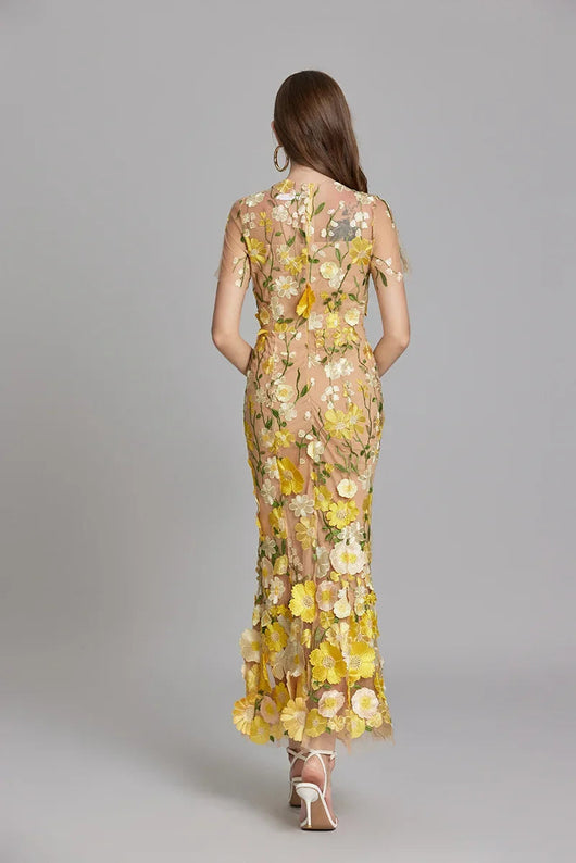 Vestido Largo Verena de Gasa con Bordado Floral
