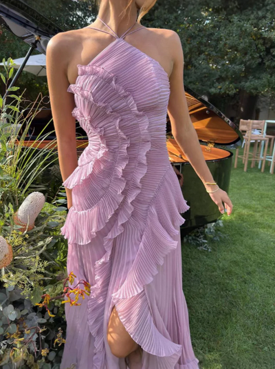 Vestido Midi Elfriede Halter Plisado con Volantes