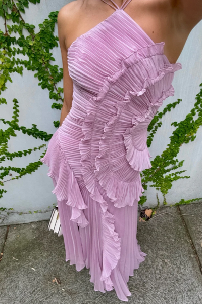 Vestido Midi Elfriede Halter Plisado con Volantes