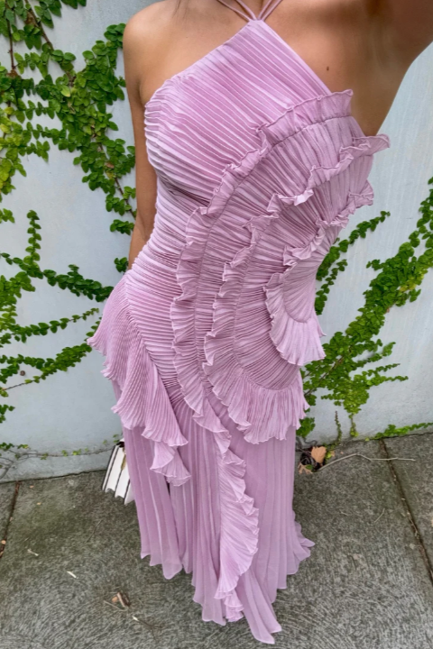 Vestido Midi Elfriede Halter Plisado con Volantes
