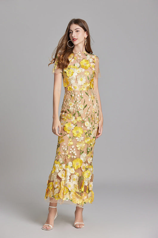 Vestido Largo Verena de Gasa con Bordado Floral