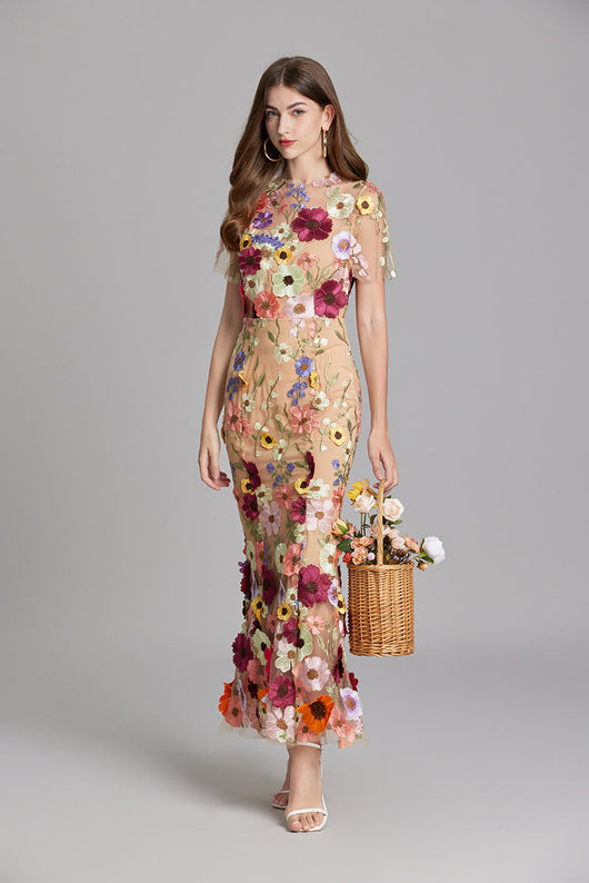 Vestido Largo Verena de Gasa con Bordado Floral