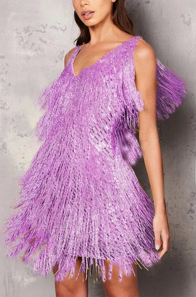 Vestido Corto Alina de Fiesta con Brillos y Flecos
